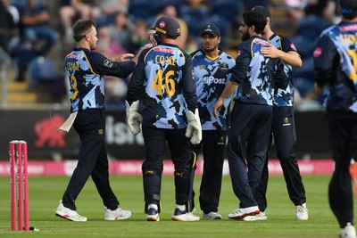 140625 - Glamorgan v Sussex - Vitality Blast - Kiran Carlson of Glamorgan catches the ball to dismiss Daniel Hughes of Sussex