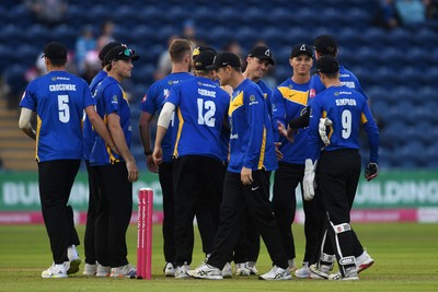 140625 - Glamorgan v Sussex - Vitality Blast - Nathan McAndrew of Sussex bowls the ball to dismiss Will Smale of Glamorgan
