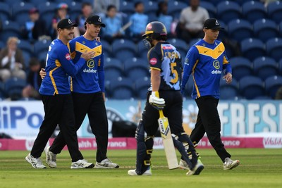 140625 - Glamorgan v Sussex - Vitality Blast - Henry Crocombe of Sussex bowls the ball to dismiss Kiran Carlson of Glamorgan