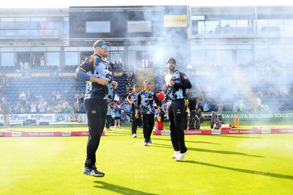 140625 - Glamorgan v Sussex - Vitality Blast - Dan Douthwaite of Glamorgan and Imad Wasim run out for the start of the match