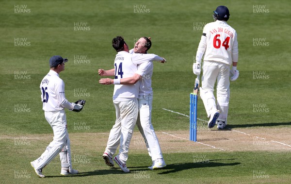 180421 - Glamorgan v Sussex - LV= County Championship - Ollie Robinson of Sussex celebrates after bowling out Timm van der Gugten for lbw