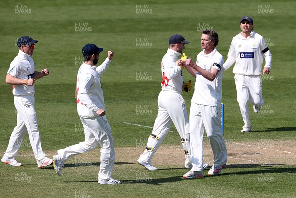 180421 - Glamorgan v Sussex - LV= County Championship - Michael Hogan of Glamorgan celebrates after Tom Haines is caught by Andrew Balbirnie