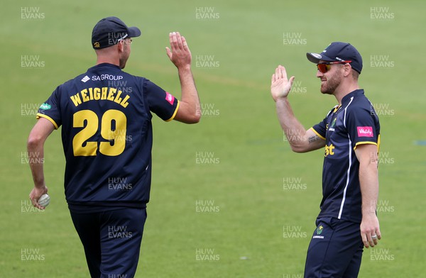 190622 - Glamorgan v Sussex Sharks - Vitality T20 Blast - James Weighell of Glamorgan celebrates with David Lloyd after catching out Ravi Bopara