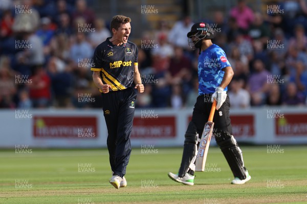 230623 - Glamorgan v Sussex - Vitality T20 Blast - Andy Gorvin of Glamorgan celebrates taking the wicket of Michael Burgess