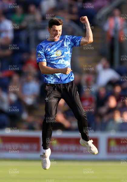 230623 - Glamorgan v Sussex - Vitality T20 Blast - Brad Currie of Sussex celebrates after Kiran Carlson of Glamorgan is caught off the first ball