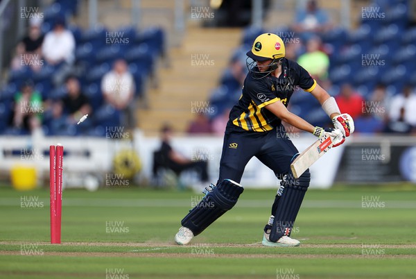 230623 - Glamorgan v Sussex - Vitality T20 Blast - Will Smale of Glamorgan is bowled out by Tymal Mills