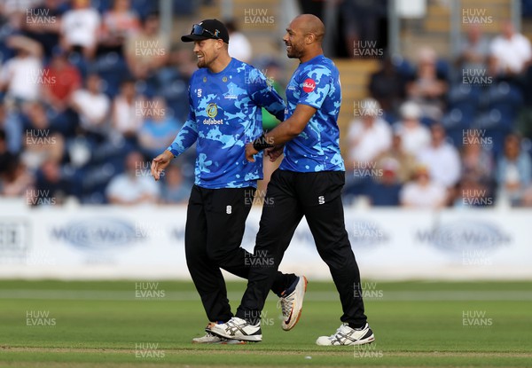 230623 - Glamorgan v Sussex - Vitality T20 Blast - Tymal Mills of Sussex celebrates taking the wicket of Will Smale of Glamorgan