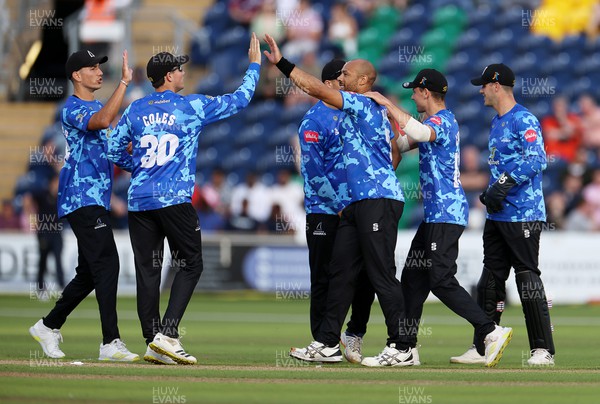 230623 - Glamorgan v Sussex - Vitality T20 Blast - Tymal Mills of Sussex celebrates taking the wicket of Will Smale of Glamorgan