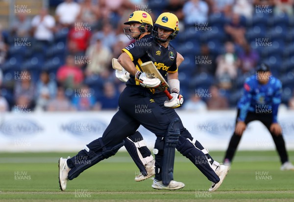 230623 - Glamorgan v Sussex - Vitality T20 Blast - Cameron Fletcher and Sam Northeast of Glamorgan batting
