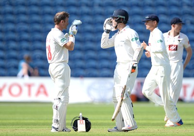 230816 - Glamorgan v Sussex - Specsavers County Championship -Mark Wallace and Owen Morgan of Glamorgan