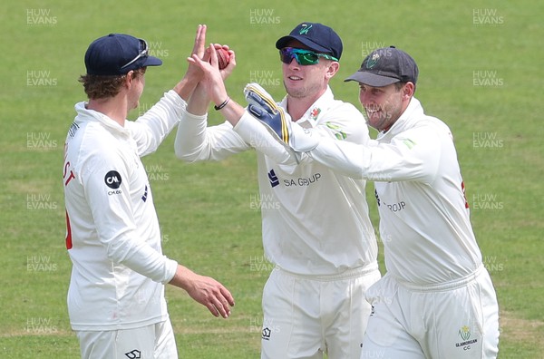 250623 - Glamorgan v Sussex, LV= Insurance County Championship, Div 2 - Tom Bevan of Glamorgan is congratulated by Chris Cooke of Glamorgan and Sam Northeast of Glamorgan, left, after catching James Coles of Sussex