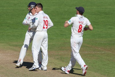 260816 - Glamorgan v Sussex, Specsavers County Championship, Division 2 - Owen Morgan of Glamorgan celebrates with Mark Wallace of Glamorgan and Graham Wagg of Glamorgan after taking the wicket of Luke Wells of Sussex