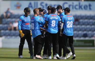 260819 - Glamorgan v Sussex Sharks - Vitality T20 Blast - Will Beer celebrates with team mates after Nick Selman of Glamorgan is caught by Jason Behrendorff of Sussex