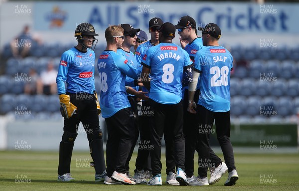 260819 - Glamorgan v Sussex Sharks - Vitality T20 Blast - Will Beer celebrates with team mates after Nick Selman of Glamorgan is caught by Jason Behrendorff of Sussex