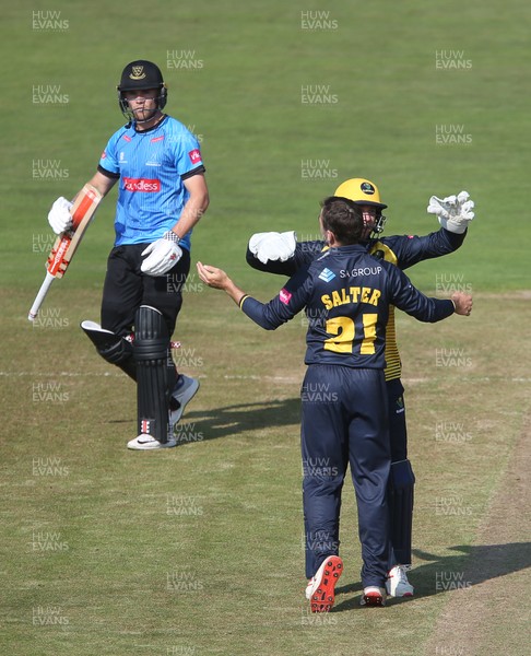 260819 - Glamorgan v Sussex Sharks - Vitality T20 Blast - Andrew Salter and Chris Cooke of Glamorgan celebrate as Phil Salt of Sussex is bowled out