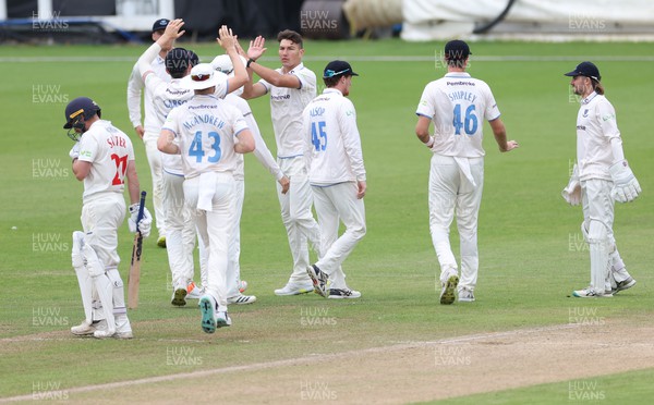 270623 - Glamorgan v Sussex, LV= Insurance County Championship, Div 2 - Ari Karvelas of Sussex celebrates after he bowls Andrew Salter of Glamorgan