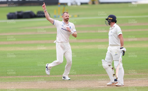 270623 - Glamorgan v Sussex, LV= Insurance County Championship, Div 2 - Nathan McAndrew of Sussex celebrates after he takes Chris Cooke of Glamorgan lbw
