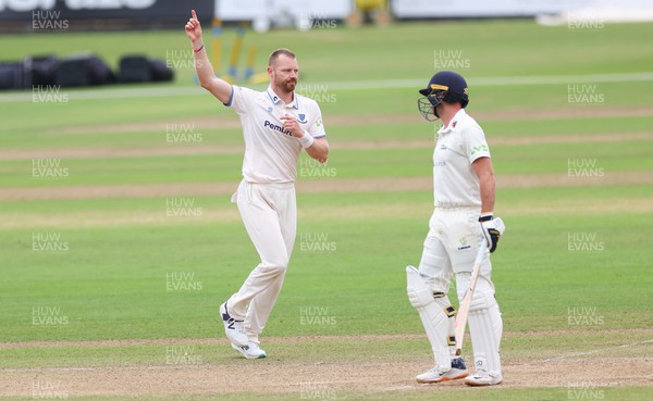 270623 - Glamorgan v Sussex, LV= Insurance County Championship, Div 2 - Nathan McAndrew of Sussex celebrates after he takes Chris Cooke of Glamorgan lbw