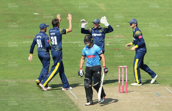 080718 - Glamorgan v Sussex Sharks, Vitality Blast 2018 - Michael Hogan of Glamorgan celebrates with tea mates after taking the wicket of Phil Salt of Sussex Sharks
