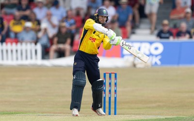 220726 - Glamorgan v Sussex Sharks, Metro Bank One Day Cup - Eddie Byrom of Glamorgan plays a shot