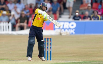 220726 - Glamorgan v Sussex Sharks, Metro Bank One Day Cup - Eddie Byrom of Glamorgan plays a shot