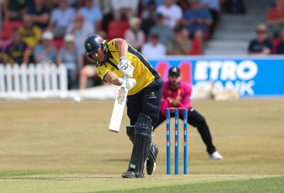 220726 - Glamorgan v Sussex Sharks, Metro Bank One Day Cup - Henry Hurle of Glamorgan plays a shot