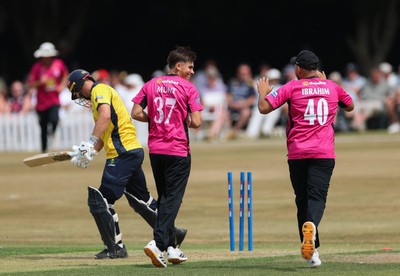 220726 - Glamorgan v Sussex Sharks, Metro Bank One Day Cup - Toby Munt of Sussex celebrates as he dismisses Henry Hurle of Glamorgan