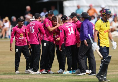 220726 - Glamorgan v Sussex Sharks, Metro Bank One Day Cup - Toby Munt of Sussex celebrates as he dismisses Henry Hurle of Glamorgan