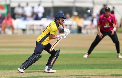 220726 - Glamorgan v Sussex Sharks, Metro Bank One Day Cup - Jack Hope-Bell of Glamorgan plays a shot