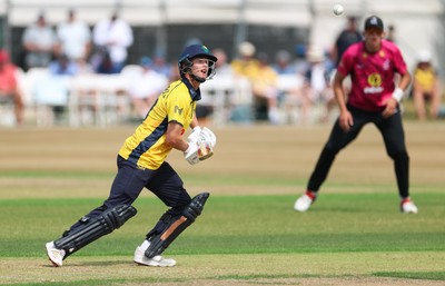 220726 - Glamorgan v Sussex Sharks, Metro Bank One Day Cup - Jack Hope-Bell of Glamorgan plays a shot