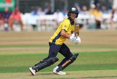 220726 - Glamorgan v Sussex Sharks, Metro Bank One Day Cup - Jack Hope-Bell of Glamorgan plays a shot