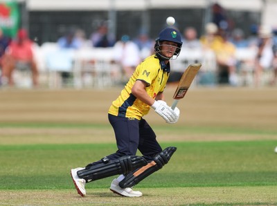 220726 - Glamorgan v Sussex Sharks, Metro Bank One Day Cup - Jack Hope-Bell of Glamorgan plays a shot