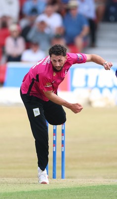 220726 - Glamorgan v Sussex Sharks, Metro Bank One Day Cup - Fynn Hudson-Prentice of Sussex bowls