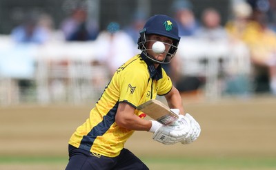 220726 - Glamorgan v Sussex Sharks, Metro Bank One Day Cup - Jack Hope-Bell of Glamorgan plays a shot