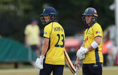 220726 - Glamorgan v Sussex Sharks, Metro Bank One Day Cup - Jack Hope-Bell of Glamorgan and Alex Horton of Glamorgan
