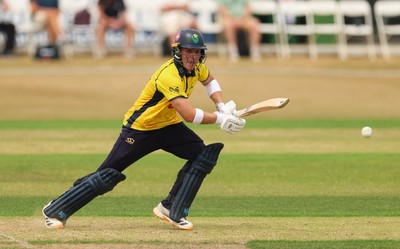 220726 - Glamorgan v Sussex Sharks, Metro Bank One Day Cup - Alex Horton of Glamorgan  plays a shot