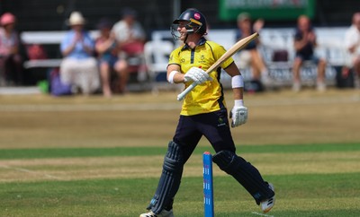 220726 - Glamorgan v Sussex Sharks, Metro Bank One Day Cup - Alex Horton of Glamorgan celebrates as he reaches his maiden 100 runs