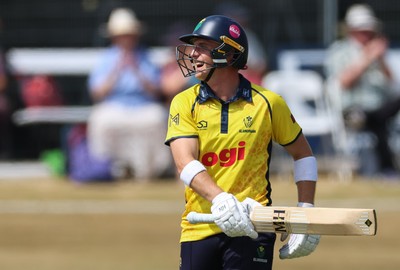 220726 - Glamorgan v Sussex Sharks, Metro Bank One Day Cup - Alex Horton of Glamorgan celebrates as he reaches his maiden 100 runs
