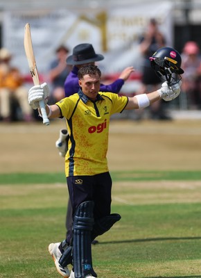 220726 - Glamorgan v Sussex Sharks, Metro Bank One Day Cup - Alex Horton of Glamorgan celebrates as he reaches his maiden 100 runs