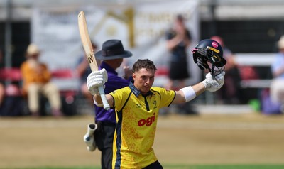 220726 - Glamorgan v Sussex Sharks, Metro Bank One Day Cup - Alex Horton of Glamorgan celebrates as he reaches his maiden 100 runs
