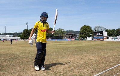 220726 - Glamorgan v Sussex Sharks, Metro Bank One Day Cup - Jack Hope-Bell of Glamorgan leaves the pitch after being dismissed on 123