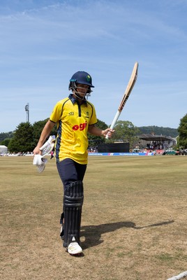 220726 - Glamorgan v Sussex Sharks, Metro Bank One Day Cup - Jack Hope-Bell of Glamorgan leaves the pitch after being dismissed on 123