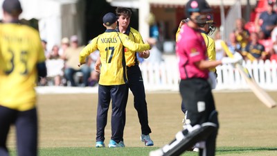 220726 - Glamorgan v Sussex Sharks, Metro Bank One Day Cup - Romano Franco of Glamorgan celebrates after taking the wicket of \s43\