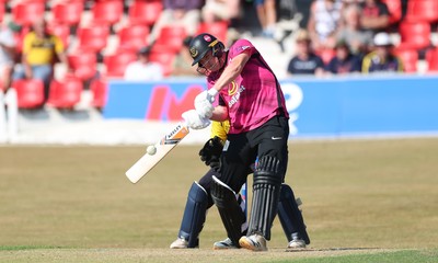 220726 - Glamorgan v Sussex Sharks, Metro Bank One Day Cup - Jack Carson of Sussex hits a six