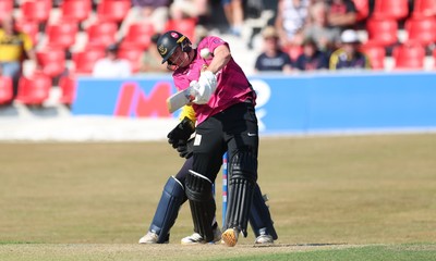 220726 - Glamorgan v Sussex Sharks, Metro Bank One Day Cup - Jack Carson of Sussex hits a six
