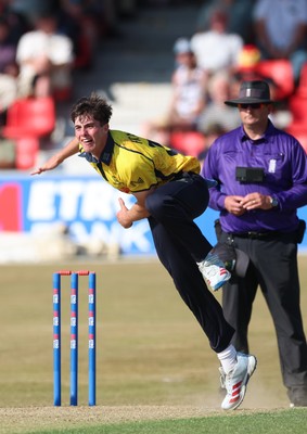 220726 - Glamorgan v Sussex Sharks, Metro Bank One Day Cup - Romano Franco of Glamorgan bowls