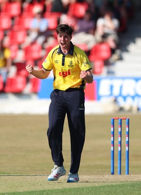 220726 - Glamorgan v Sussex Sharks, Metro Bank One Day Cup - Romano Franco of Glamorgan celebrates after taking the wicket of  Fynn Hudson-Prentice of Sussex
