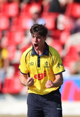 220726 - Glamorgan v Sussex Sharks, Metro Bank One Day Cup - Romano Franco of Glamorgan celebrates after taking the wicket of  Fynn Hudson-Prentice of Sussex