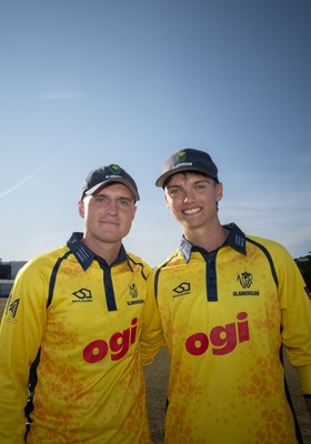 220726 - Glamorgan v Sussex Sharks, Metro Bank One Day Cup - Alex Horton of Glamorgan  and Jack Hope-Bell of Glamorgan who made maiden centuries, Hope-Bell on his debut, during their 240 partnership which helped Glamorgan to the win
