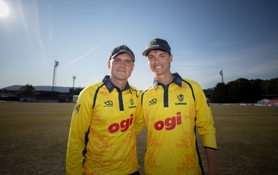 220726 - Glamorgan v Sussex Sharks, Metro Bank One Day Cup - Alex Horton of Glamorgan  and Jack Hope-Bell of Glamorgan who made maiden centuries, Hope-Bell on his debut, during their 240 partnership which helped Glamorgan to the win